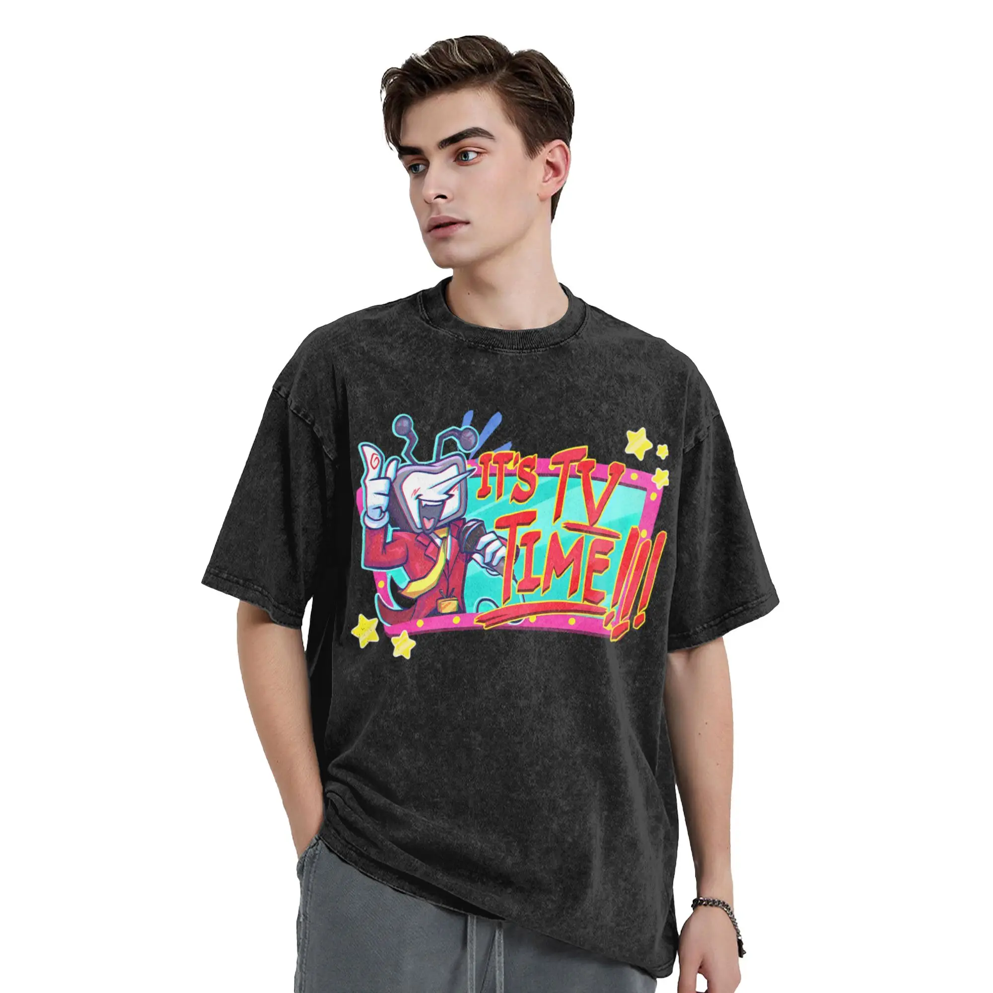 Washed T Shirt It's TV Time Game Retro T-Shirt High Street Tenna Deltarune Streetwear 100% Cotton Graphic Tops Tees Men Women