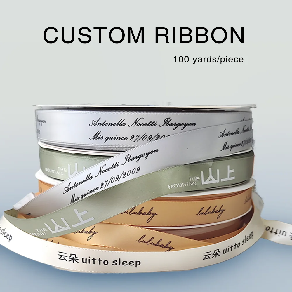 Custom  Flat Print  Ribbon Personalized Logo Polyester Ribbon Wedding Birthday Satin Ribbons Decoration Crafts Fabric