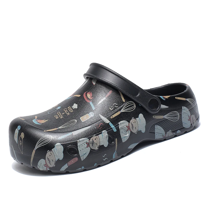 Plus Size 50 51 52 53 54 Chef Clogs with Cartoon Print Non-Slip Kitchen Work Shoes for Restaurant Staff Waterproof Oil Resistant