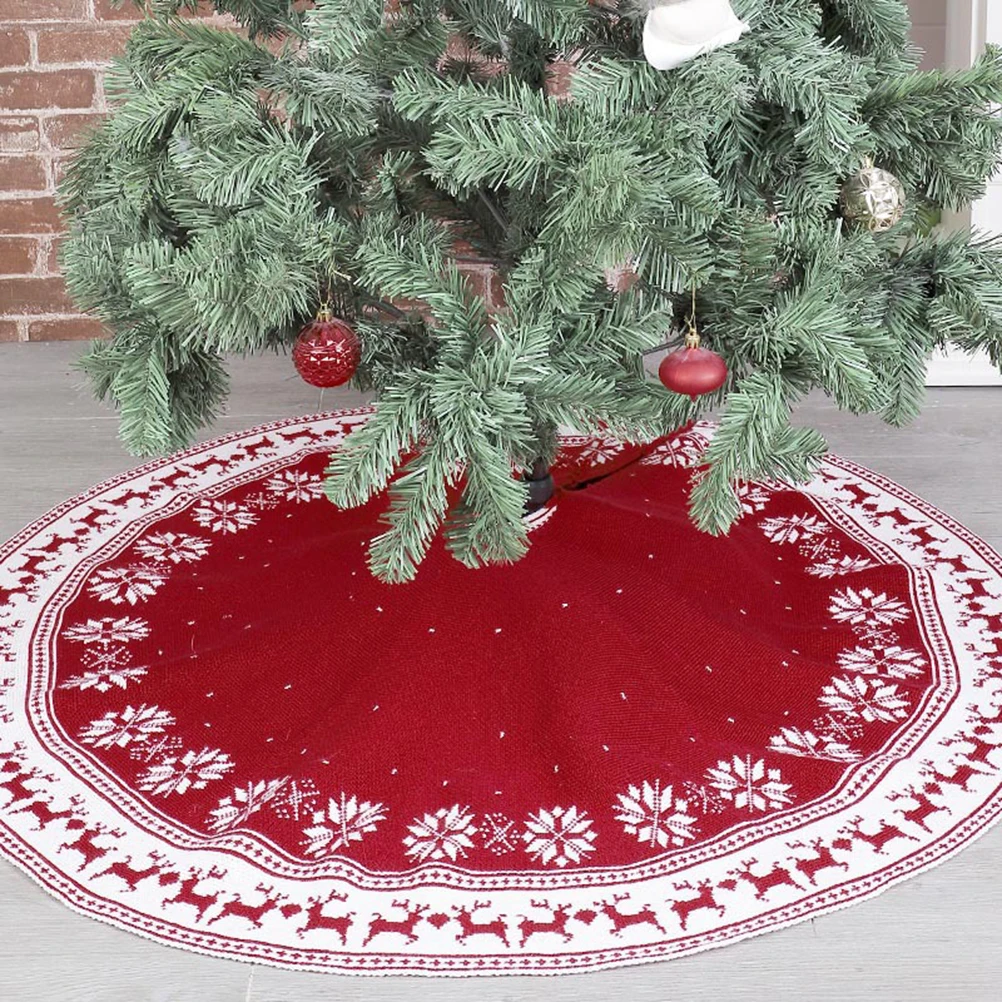 

Christmas Tree Skirt Large Rustic With Snowflakes Reindeer Red Knitted Christmas Tree Skirt Christmas Decoration Holiday Party