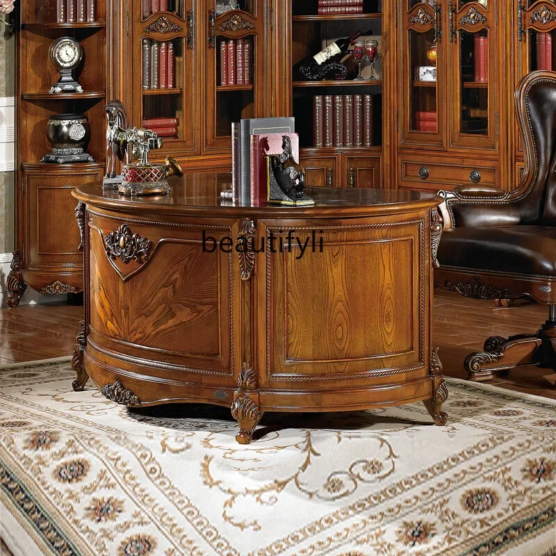 

European retro semicircular desk luxury American curved solid wood writing desk home computer office boss table