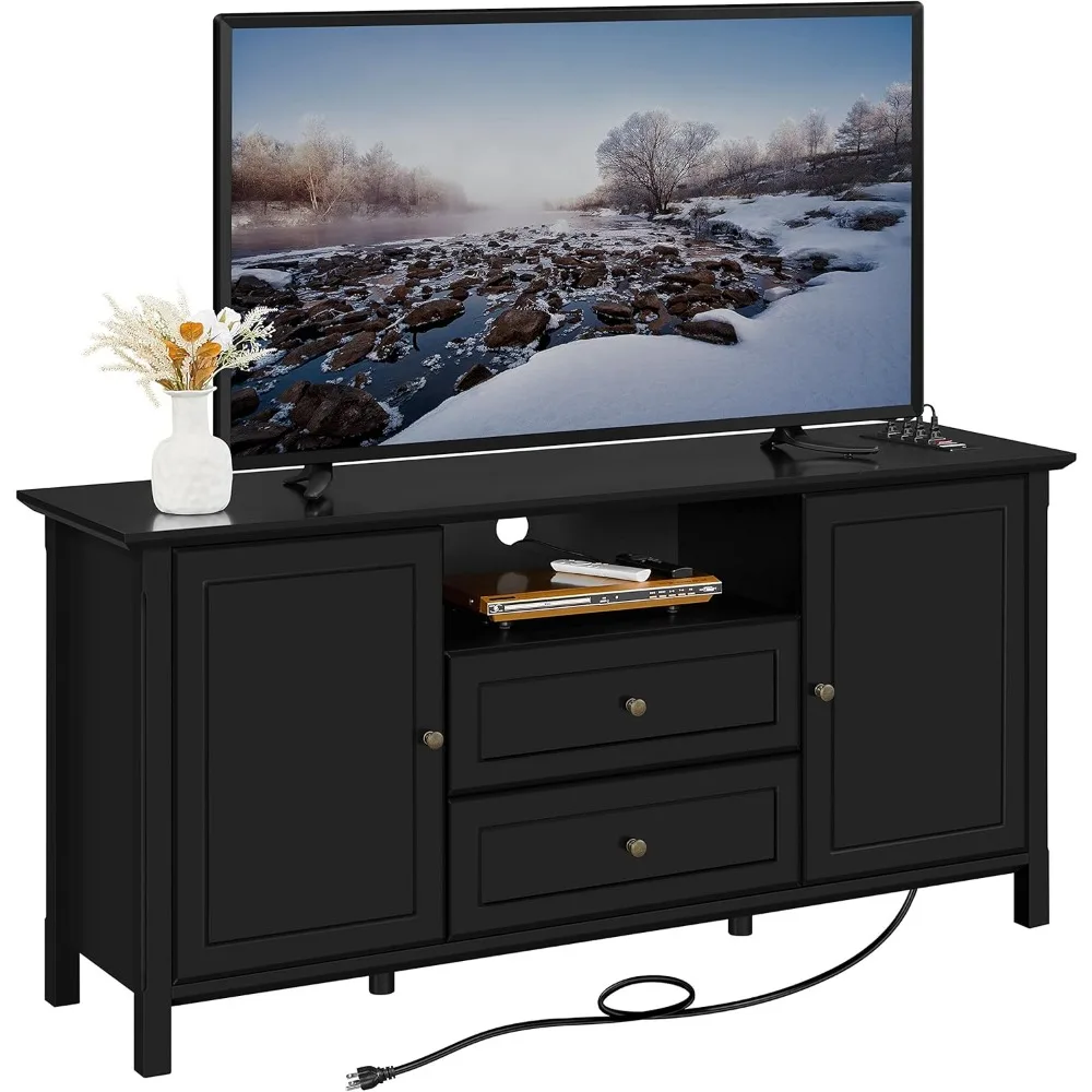 Black TV stand that can accommodate TVS up to 65 inches, TV console with power outlet and storage space