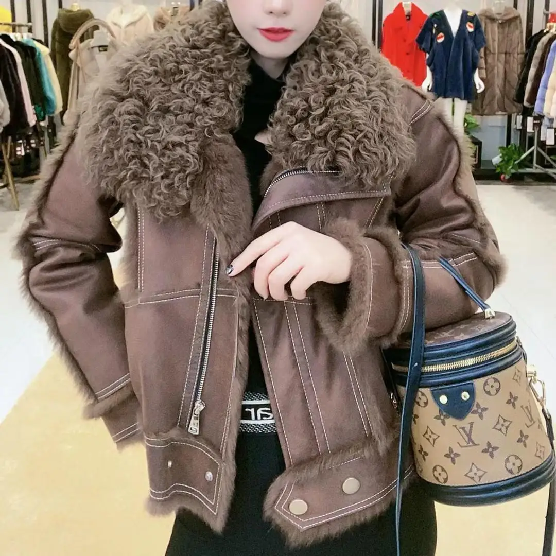 New Lamb wool collar Fur Coat 2024 Autumn Winter Women's Thicken Motorcycle Jackets Female Warm Parker Short Zipper Overcoat