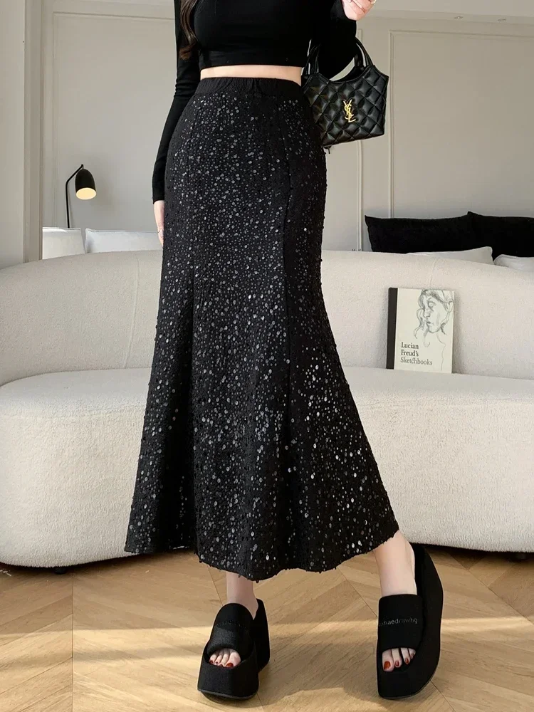 Elegant Black Long Skirts Women 2026 Fashion High Waist Faldas Largas Elastic Korean Style Sequined A Line Office Ladies Skirt