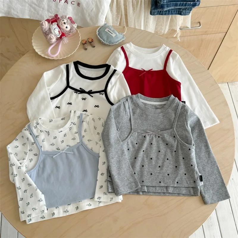 الفتيات قاعدة تي شيرت 2025 الخريف الطفل وهمية اثنين طويلة الأكمام تي شيرت البولكا نقطة النمط الغربي قمة لطيف اليومية عادية