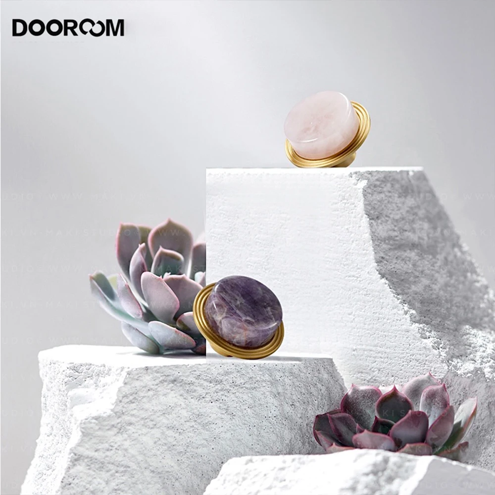 

DOOROOM Natural Marble Furniture Handle knob Stylish White Turquoise Brass Cabinet Drawer Wood Door Knobs Wall Clothes Cap Hook