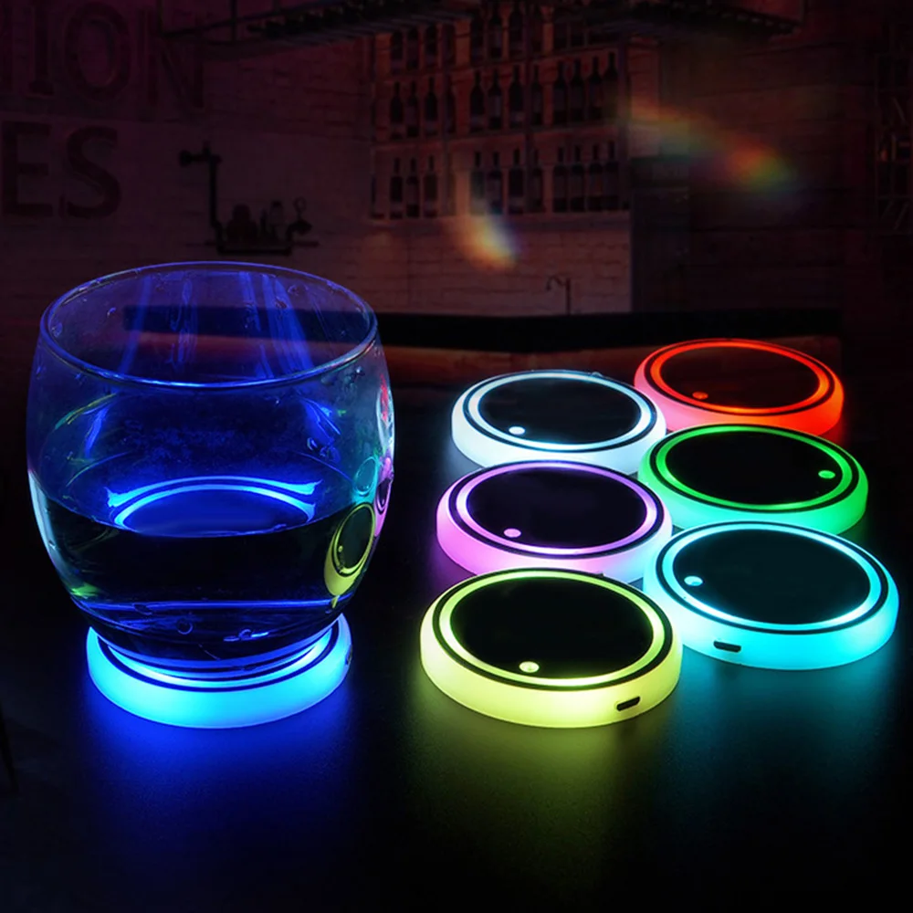 7 Colors Car Coasters Cup Holder LED Light Mats Bottle Light Sensor Atmosphere Interior Accessories Universal