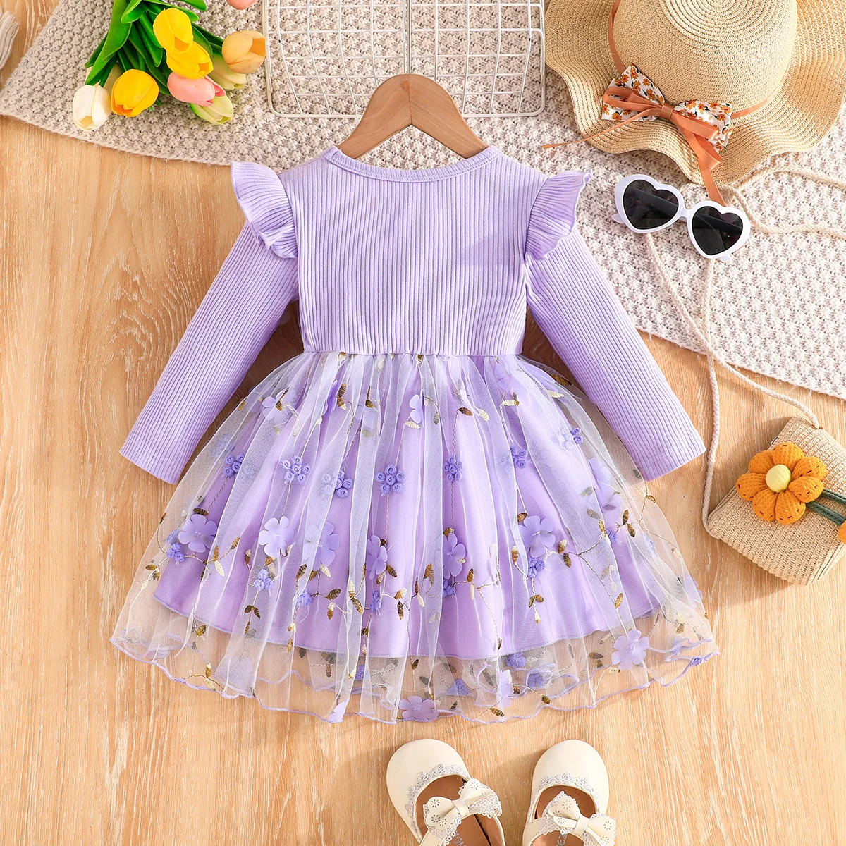 Winter 2024 Girls Dress Girls Long Sleeve Ruffles Flowers Bow Purple Cute Preepy Look Birthday Party Dresses Vestidos 6M-3T