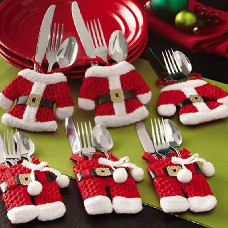 6pcs Christmas Table Decor Silverware Cutlery Tableware Holder Pocket Santa Suit Gift 2024 New Year Bag