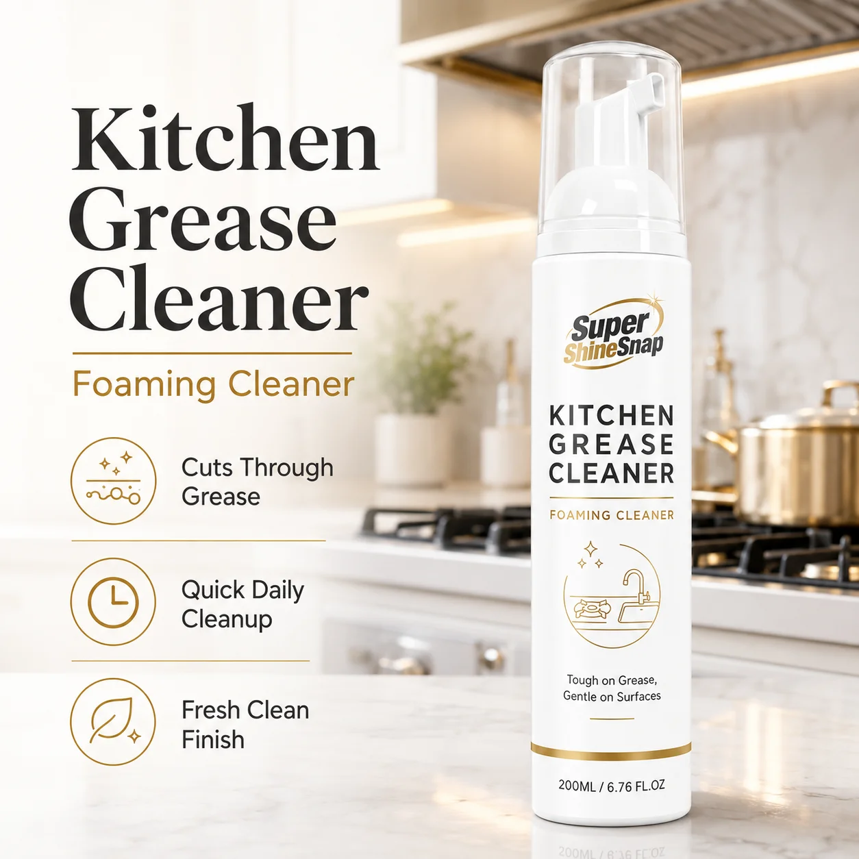 100ml Premium Kitchen Grease Foaming Cleaner, Multi-Purpose Easy-Wipe Foam for Stovetops, Range Hoods, Sinks and Countertops, Helps Remove Everyday Grease and Food Residue, Fresh Clean Scent