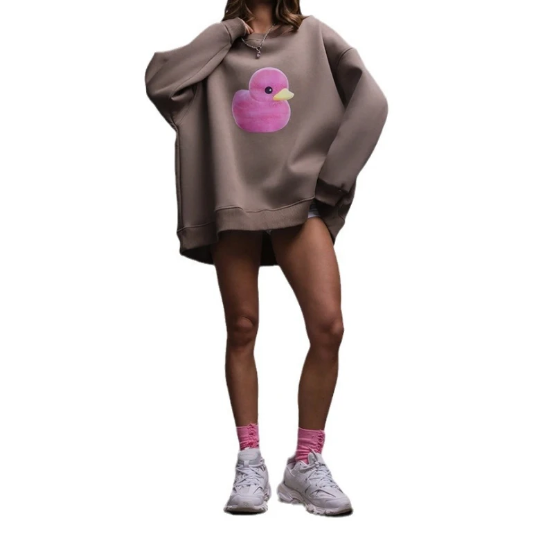 Duck Round Neck Sweatshirt for Women2025 Autumn New Style for Women Simple Casual Loose Round Neck Printed Sweatshirt