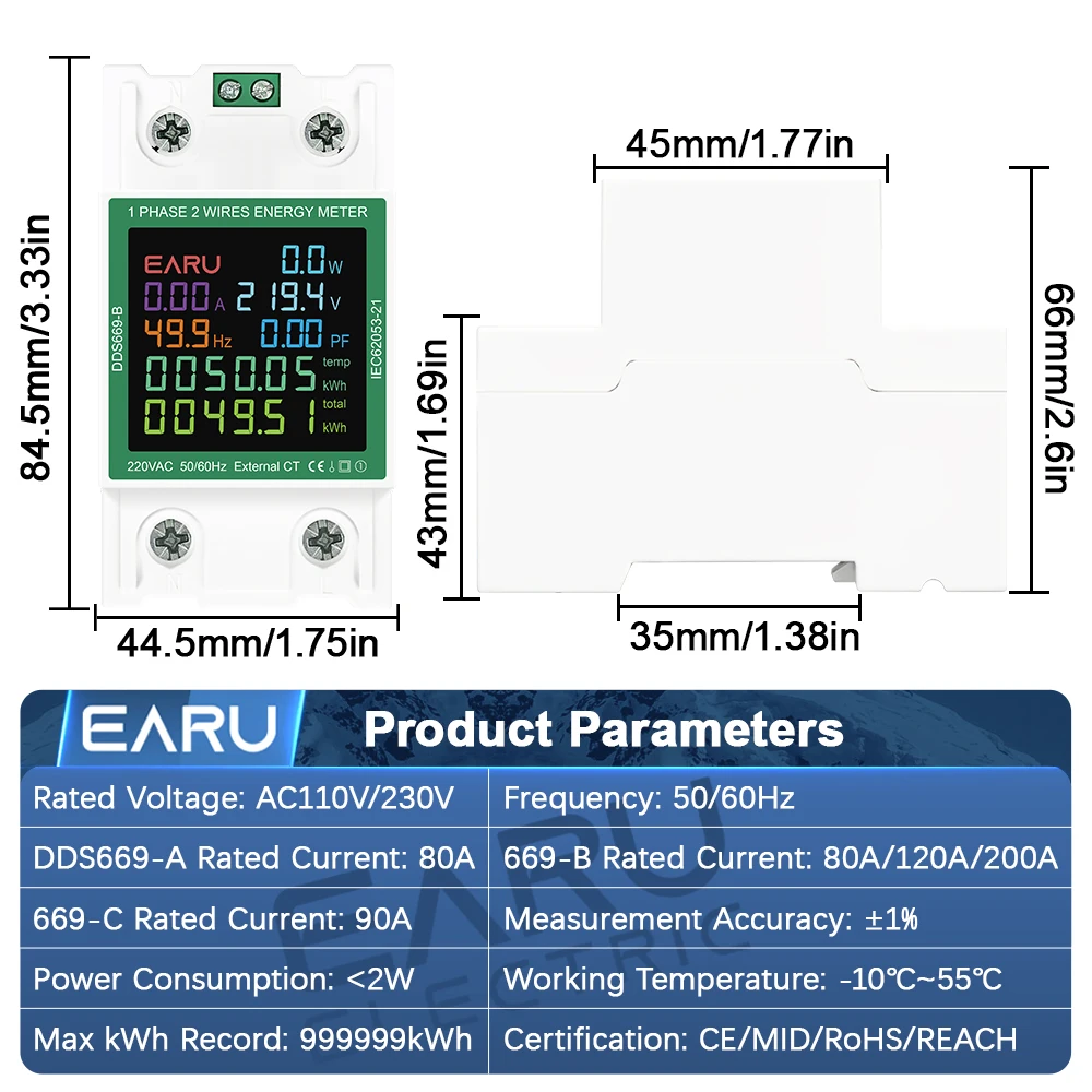 EARU Einphasiger, rücksetzbarer, bidirektionaler Solar-PV-Strom-, Spannungs-, Wattstunden- und kWh-Elektroenergiezähler mit Voltmeter und Stromwandlereinsatz – Detail 2