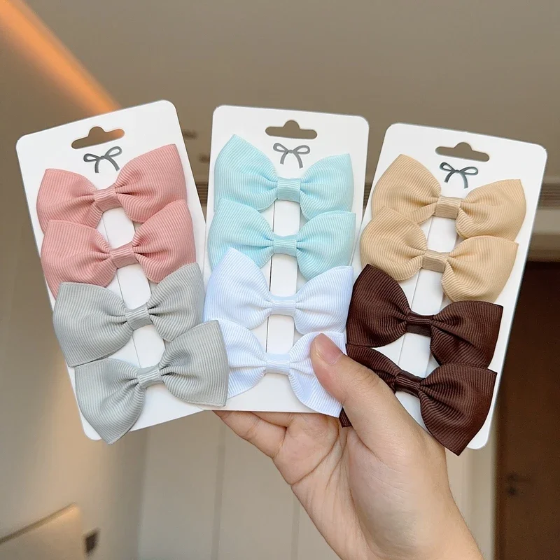 4Pcs Ribbon Bows Hairpin Girl Sweet Solid Design Hairpin Color Block Delicate Hairgripe Barrettes Kawaii Child Accessories