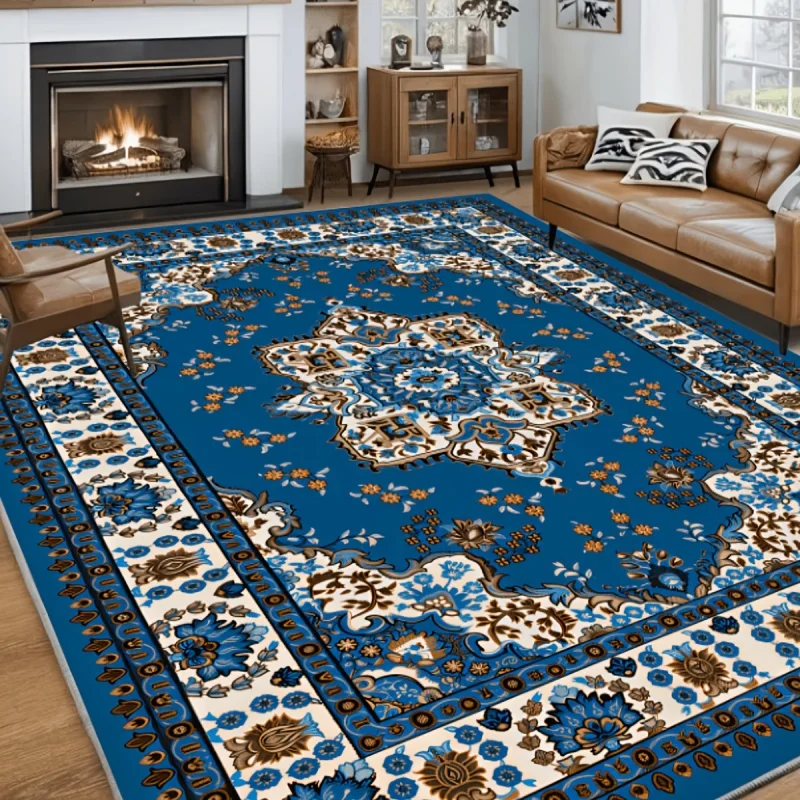 Deep Blue Vintage Persian Medallion Floral Ornate Area Rug, Traditional Oriental Washable Large Floor Carpet for Living Room