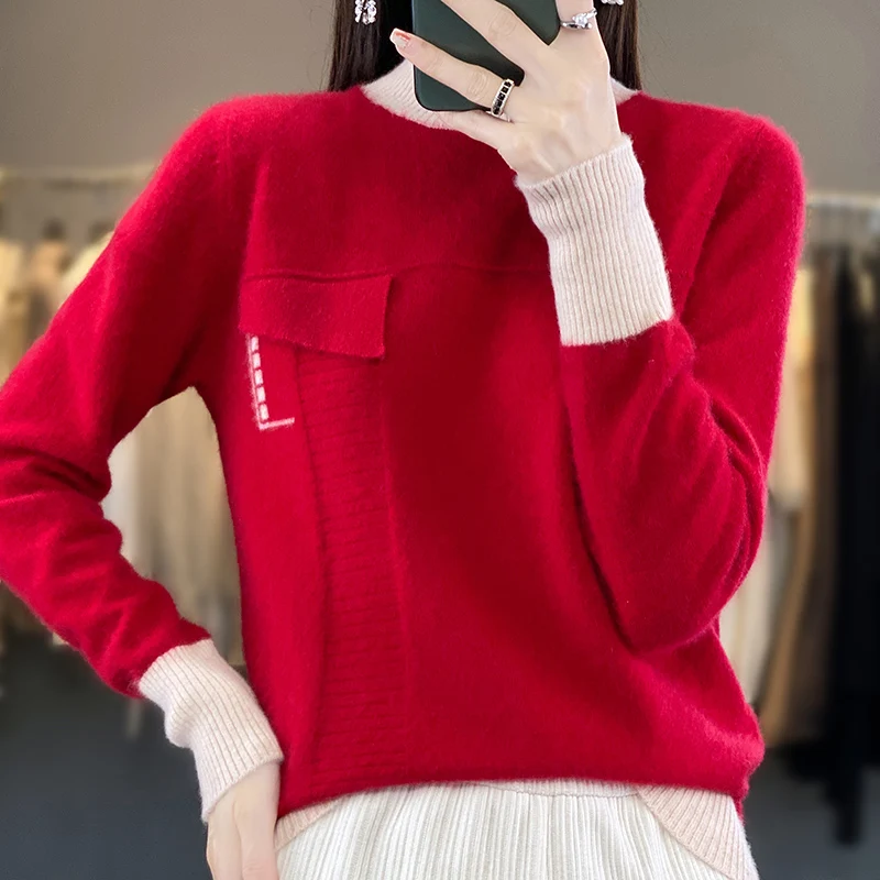 Autumn/Winter 2023 New 100% Merino Wool Women\'s Clothes Half High Collar Contrast Sweater Knit Pullover Long Sleeve False Pocket