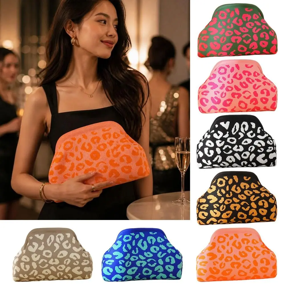 Fashion Polyester Clutch Bag Leopard Print Knitted Fabric Hand Bag Clip Closure Large Capacity Purse Party Occasion