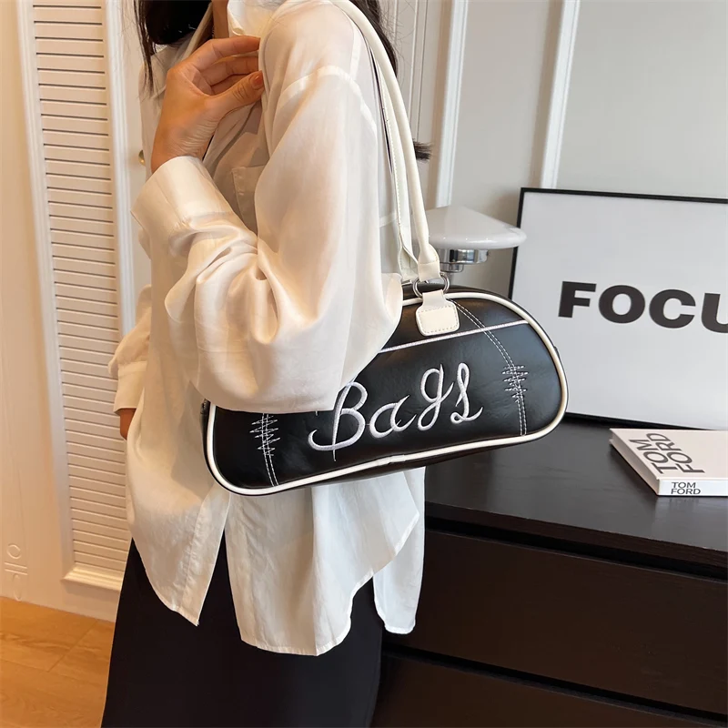 MOODS Retro Bowling Shoulder Bags For Women Letter Embroidery Solid Color Long Handle Boston Bag 2023 Luxury Designer Handbags