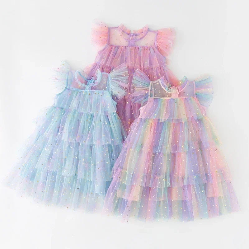 1-7y Toddler Multi Layers Baby Girl Dress Rainbow Sequins Tulle Tutu Vestidos Kids Birthday Party Princess Cake Dresses Clothes