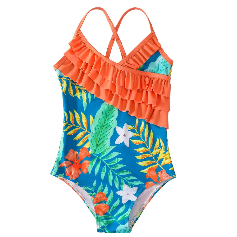 2024 Summer Teenager Girls Swimwear One Pieces Girls Swimsuit Ruffle Print Kids Bikini Sets Children Beach Swimsuit Bathing Set