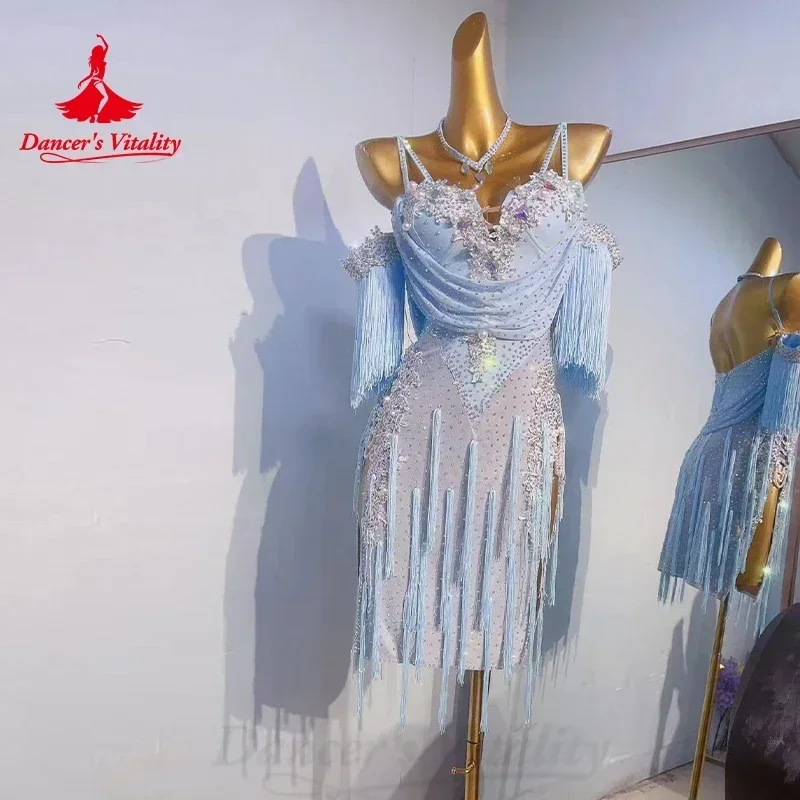 ชุดเดรสสำหรับเต้นแบบละตินชุดเดรสมีพู่ประดับมุกสุดหรูสำหรับเด็กชุดเดรสแข่งขันแบบแทงโก้