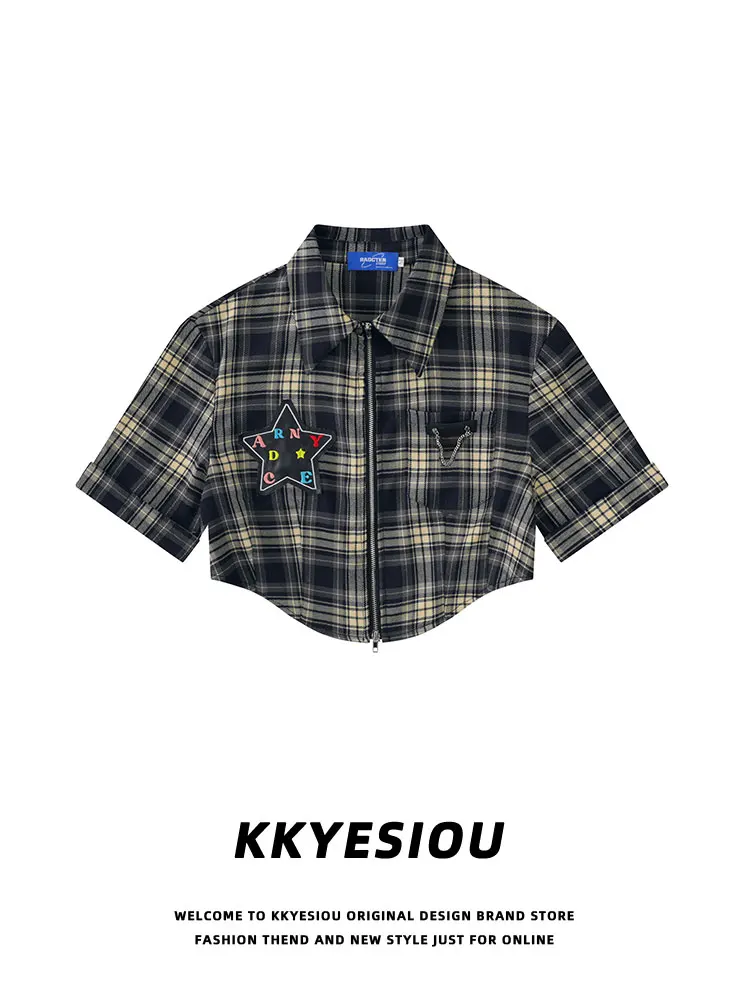 

KKyesiou Japanese Sle College Wind Star Pattern Patchwork Embroidery ort irt Women's Plaid Hot Girl BM ort Sve irt