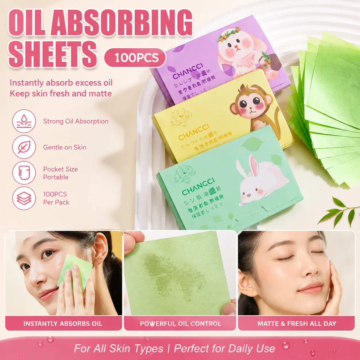 300PCS Face Oil Blotting Paper Oil Control Absorbing Sheets for Oily Skin Travel Size 2 Styles