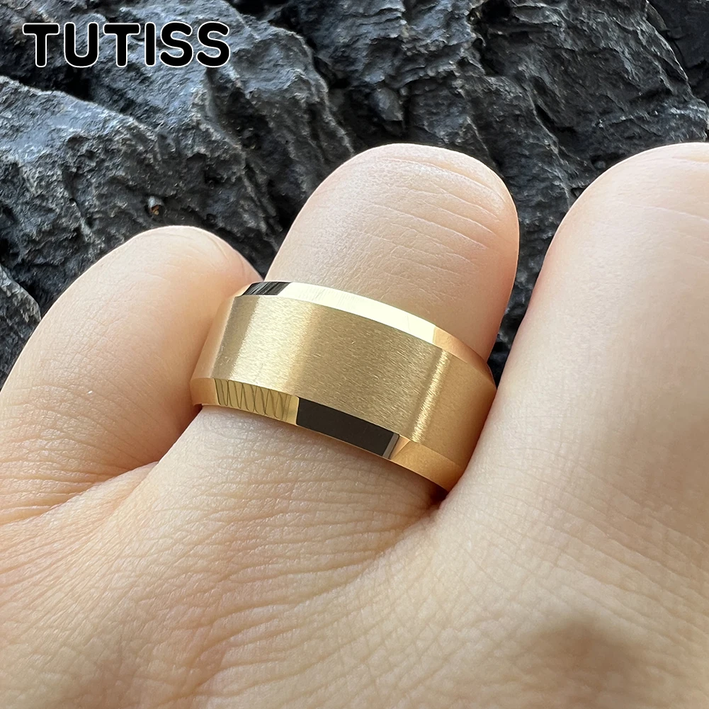 TUTISS 10mm Beveled Edges Matte Finish Gold Tungsten Carbide Ring for Men Women Fashion Engagement Wedding Band