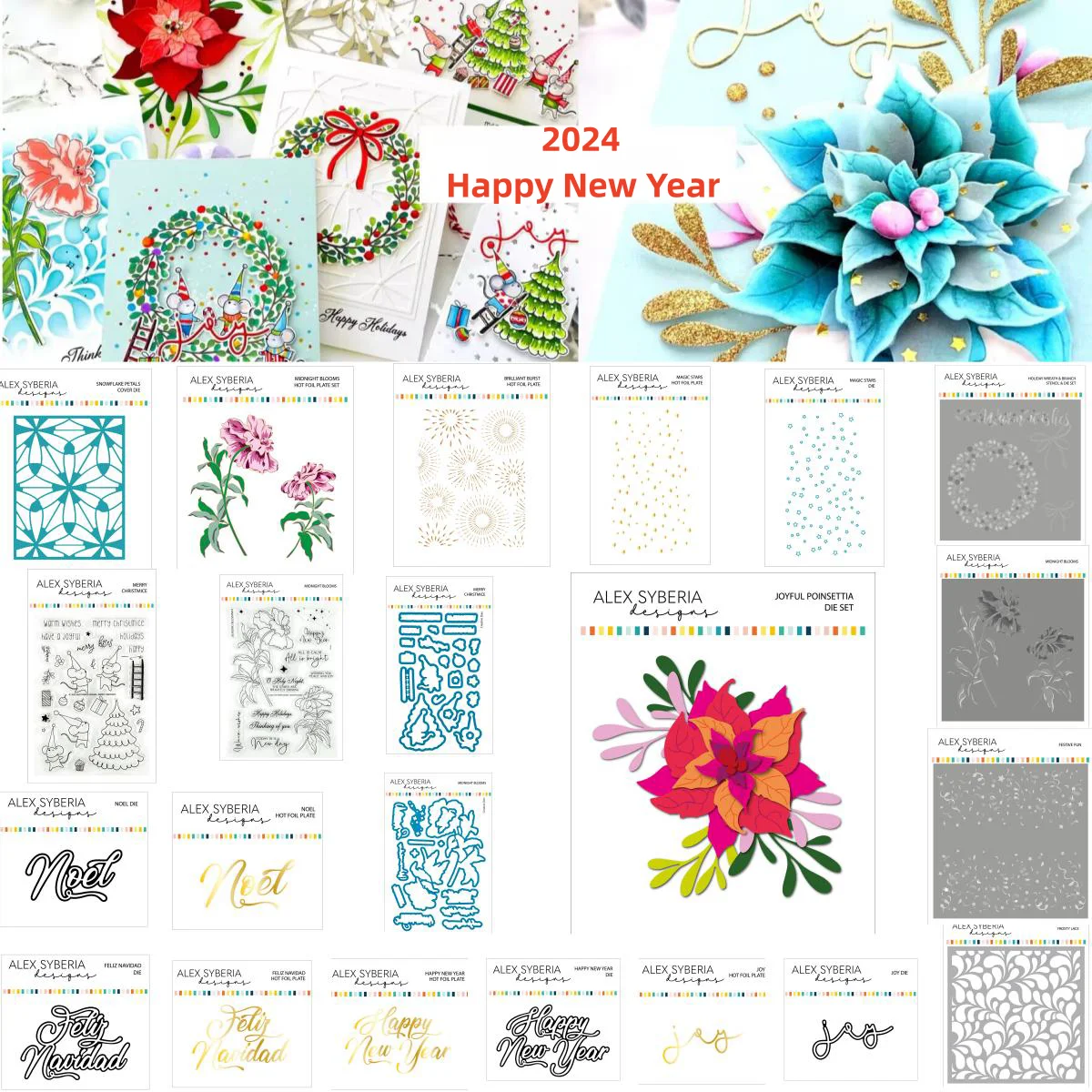 

Happy New Year Flowers Animal Clear Stamp and Metal Cutting Dies Stencil Hot Foil for DIY Scrapbooking Crafts Card Die Cuts