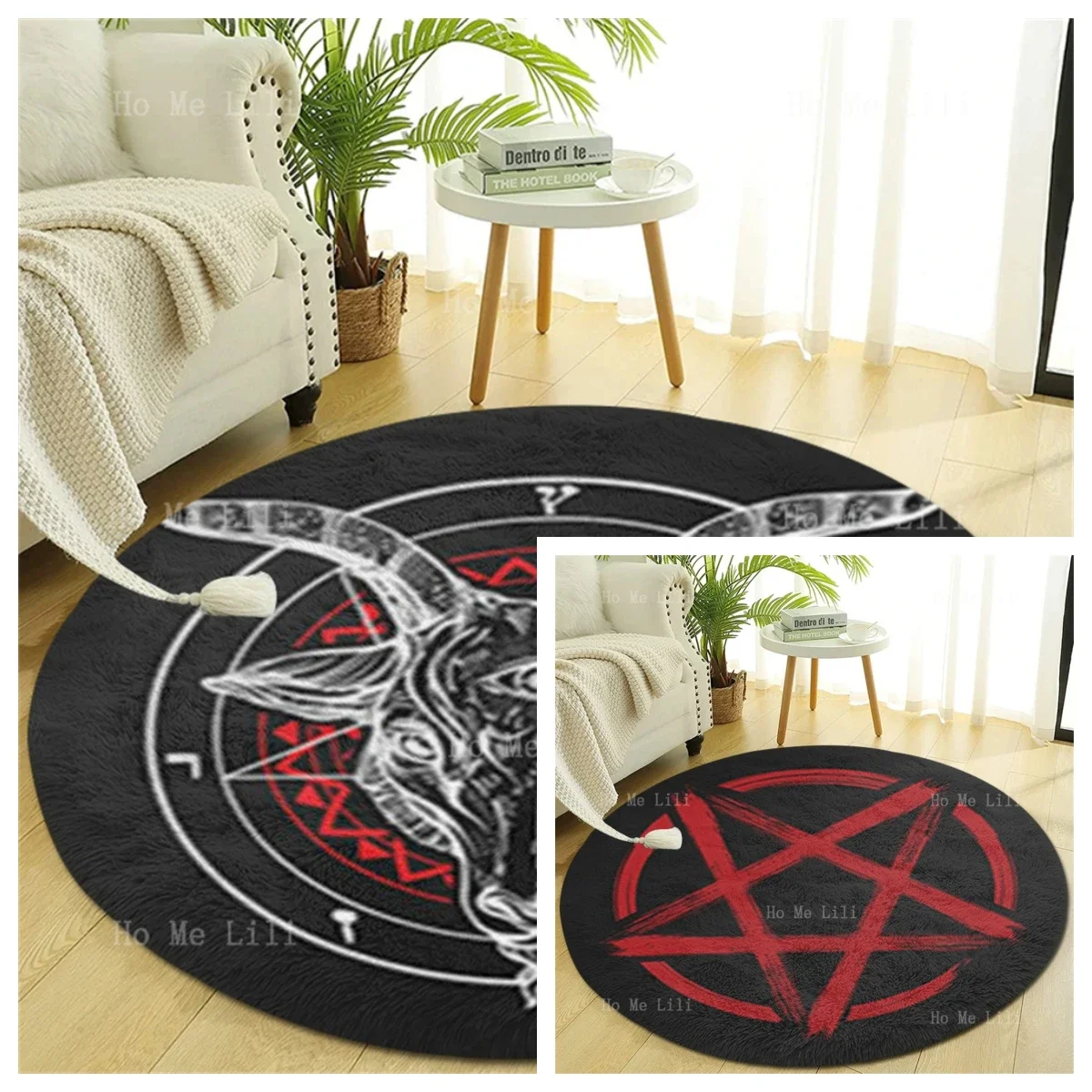 Satanic Art Evil Goat Head Pentagram Blood Red Rune Spell Circle  Design Floor Round Carpet Room Decoration