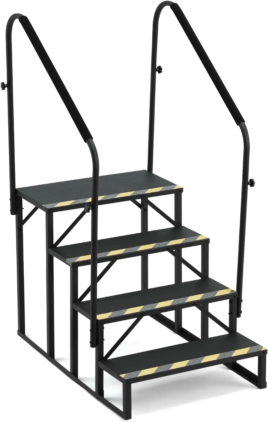 Escalones Resistentes para Autocaravanas con Barandillas Dobles, Escalera de 4 Peldaños para Camper con Cubiertas Antideslizantes para Apoyabrazos, Escalera Segura para Remolques, Casas Móviles, Jacuzzis y Piscinas, Color Negro