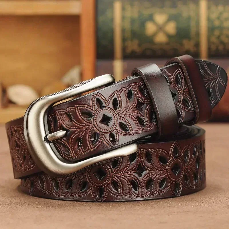 Ceinture en cuir véritable à motif creux pour femme, ceinture tendance pour femme, ceinture vintage avec broche, sangle pour jean, nouveau, 115cm