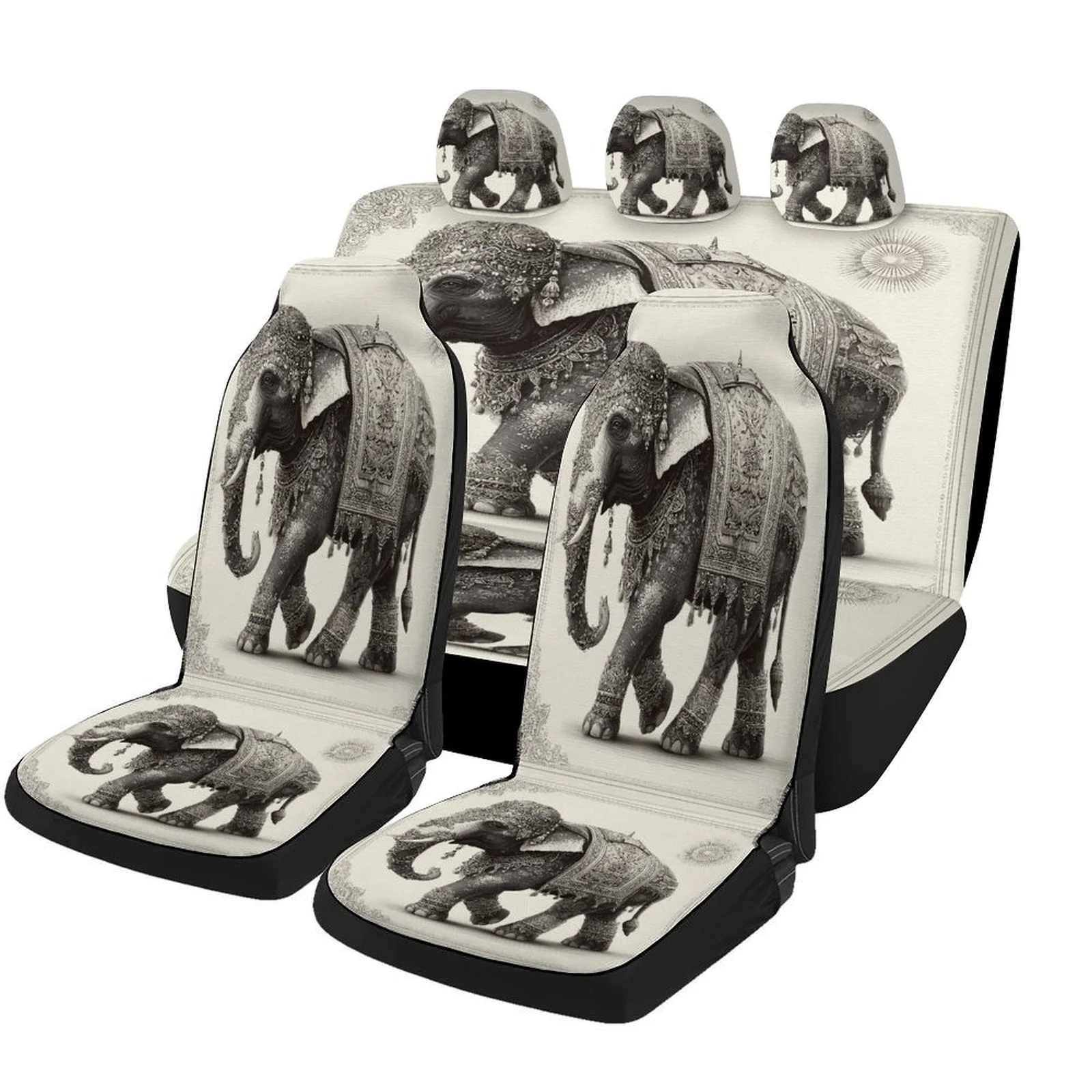 

Elephant Retro Pattern Designed Car Seat Cover Set For Most Cars, Trendy Novelty High-quality Car Seat Protector Covers Full Set
