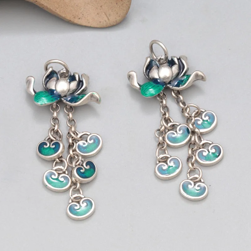 Etnische 925 Sterling Zilver Emaille Lotusbloem Hanger met Kwastje Ruyi Sieraden Maken Vintage DIY Handgemaakte Kralen Materiaal DZ003
