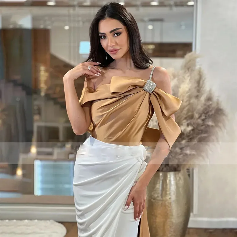 Contrast Side Split Mermaid Evening Dresses Gold White Celebrity Gown 2024 Off the Shoulder Draped Special Occasion Dress