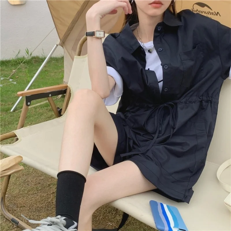 Summer New Fashion Korean Casual Loose Short Sleeve One-piece Shorts Drawstring Lace Workwear One-piece Shorts Women's Clothing