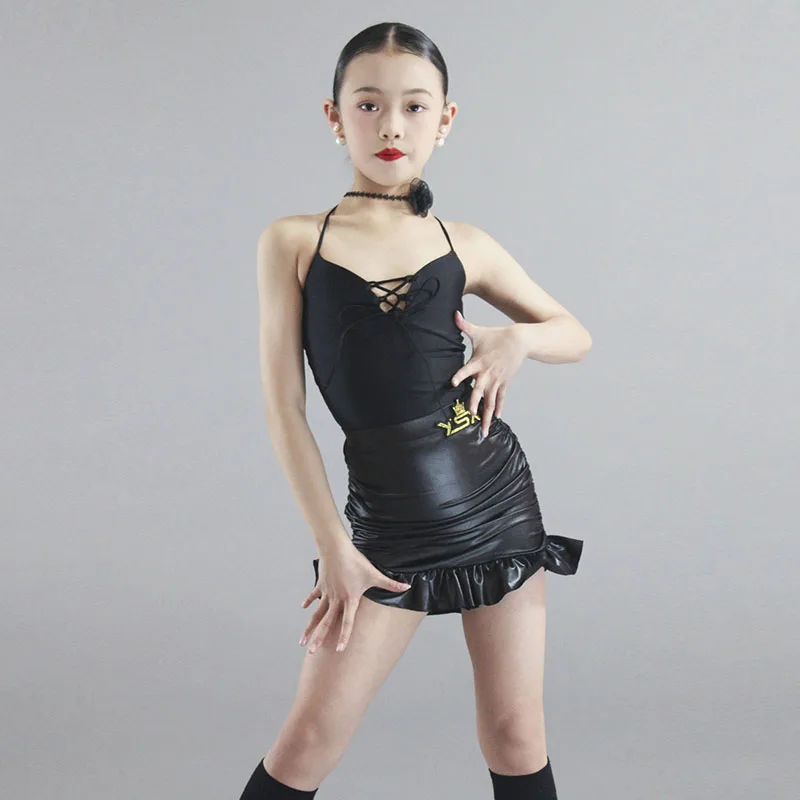 Vêtements de danse latine pour filles, costume de Performance Rumba Tango, robe d'entraînement pour enfants, noir, dos ouvert, jupe body, vêtements de danse latine 1950