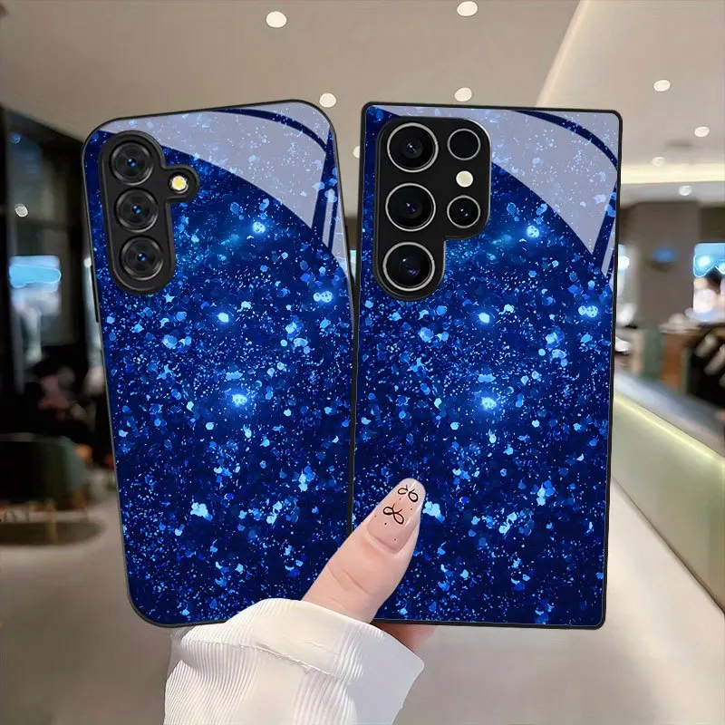 Starry Blue Glitter Pattern Glass Phone Case Suitable for Samsung Galaxy S26 S25 S24 S22 S21 S20 FE/Ultra/Plus Hard Case
