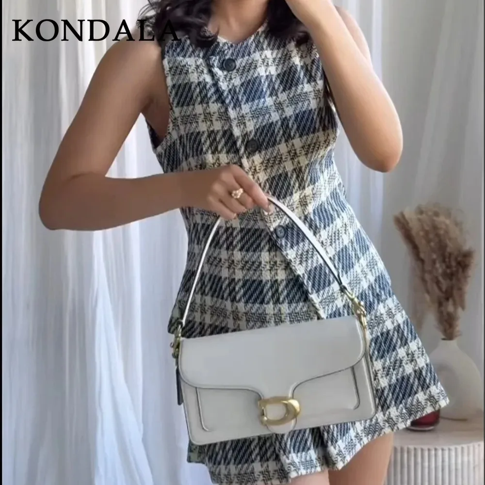 KONDALA 2025 가을 겨울 캐주얼 체크 여성 정장 패션 스트리트웨어 싱글 브레스티드 O넥 조끼 시크 지퍼 반바지 스커트