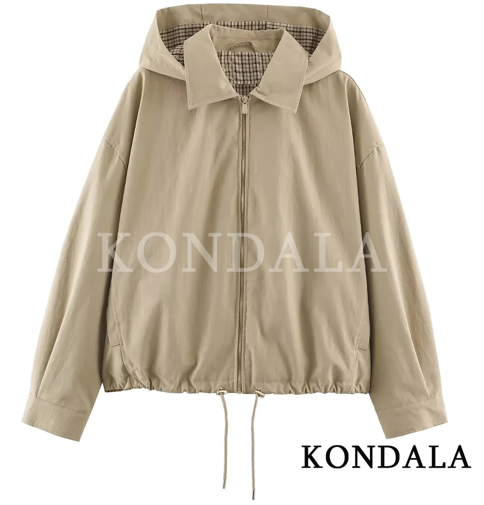 KONDALA Women Fall Casual Hooded Jacket Drawstring Hem Zip-up Loose Jacket 2026 Autumn Trendy Street Elegant Commute Lady Jacket