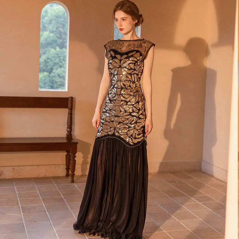 

Sexy Long Evening Gown with Beads Netting And Sparkling Sequins for Formal Parties Retro Sle Wedding Dr Host Dr