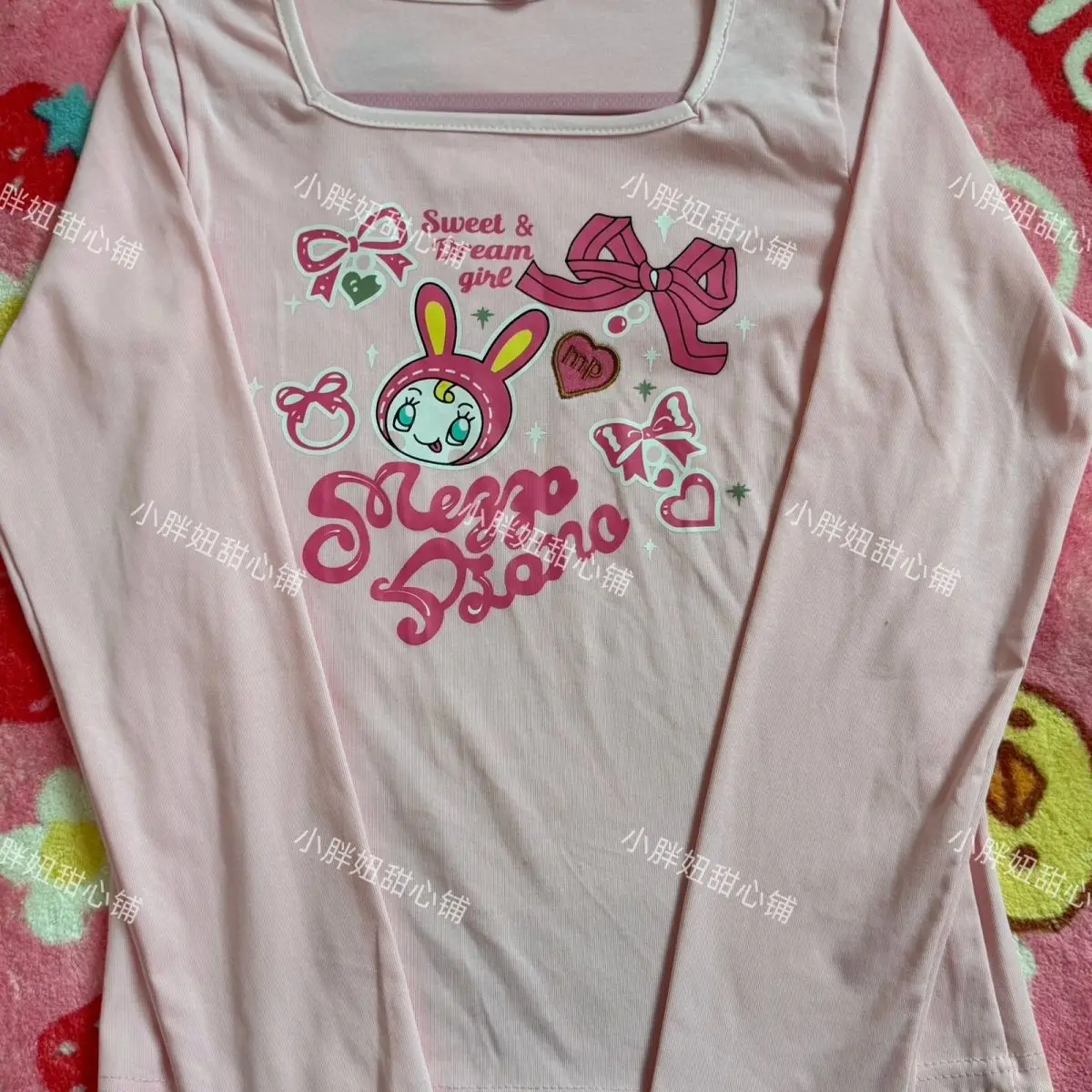 Japanese Cartoon Mp Embroidery Printed Square Neck Pink Daughter Clothing Jojifuku Subculture Long-sleeved T-shirt Y2k Top