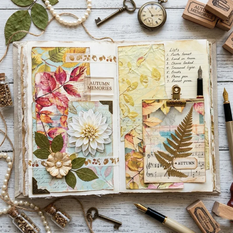 Vintage Autumn Maple Leaf Old Script Paper Collage Scene Background Scrapbook Paper Embellishment Album Junk Journal DIY Craft