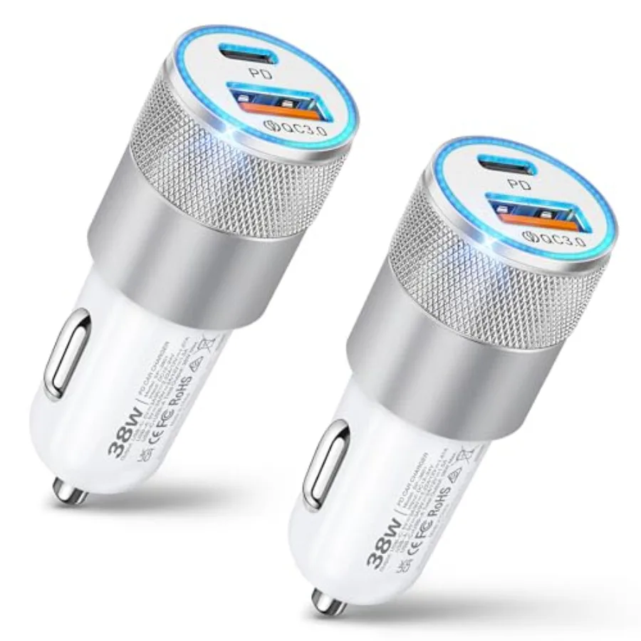 

Car Charger, 2 Pack 38W Dual-Port USB-C and USB-A Cigarette Lighter Adapter USBC Car Charger Fast Charging for iPhone16e 16 15