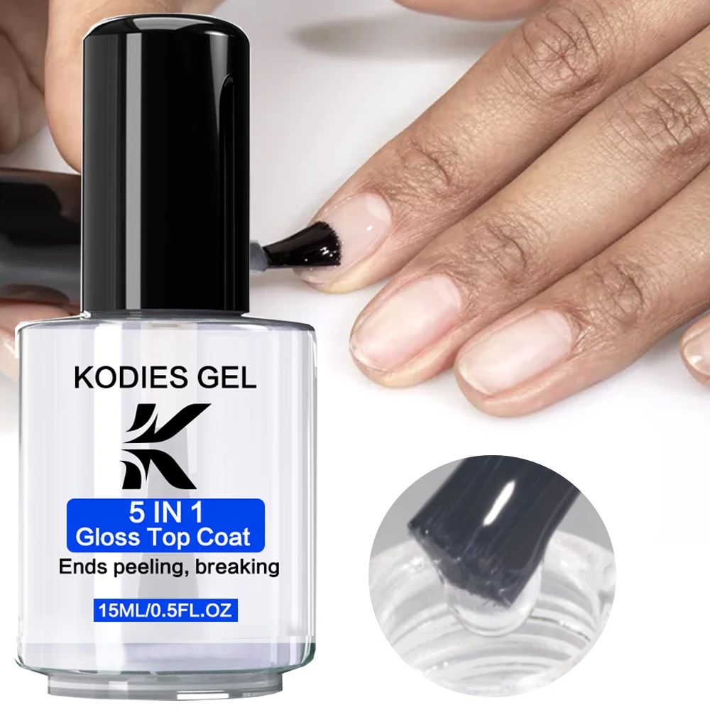 KODIES GEL 5 IN 1 Gloss Top Coat Crescita dello smalto naturale secco Finitura all'olio brillanteRiparazioni forti Indurente per unghie danneggiate Rafforzare