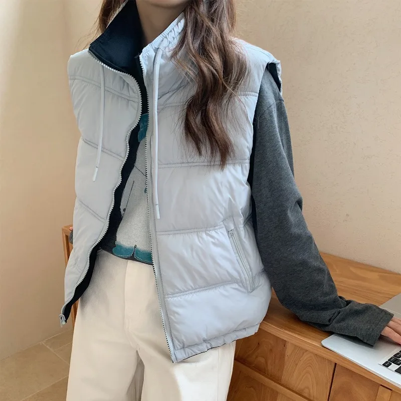 Reversible Contrast Color Women Vest Jackets Autumn Winter Stand Collar Padded Quilted Windproof Warm Zipper Loose Waistcoat Top