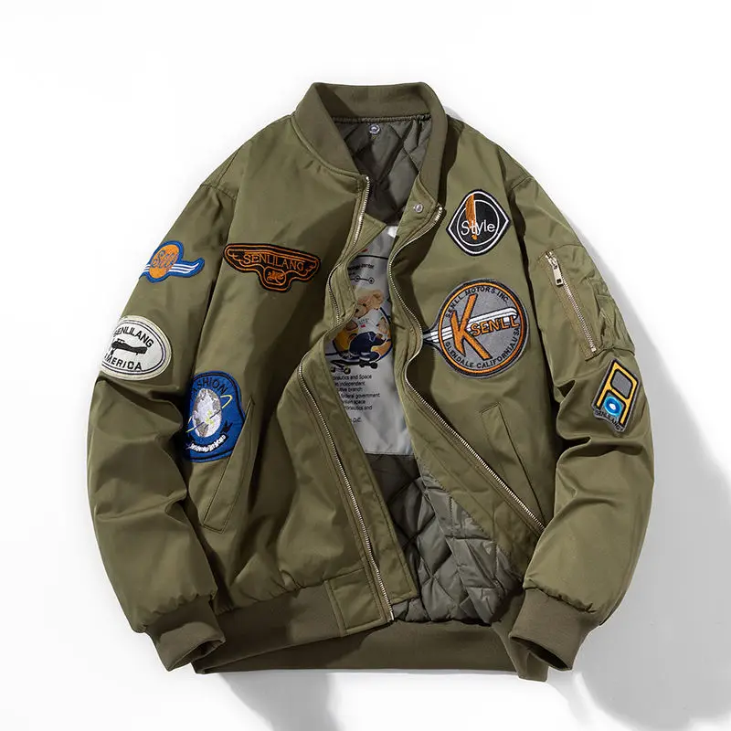 

Thiened Street Sle Baseball Jaet for Men Autumn Winter Cotton Pilot Jaet Loose Outerwear Embroidered ort Sve