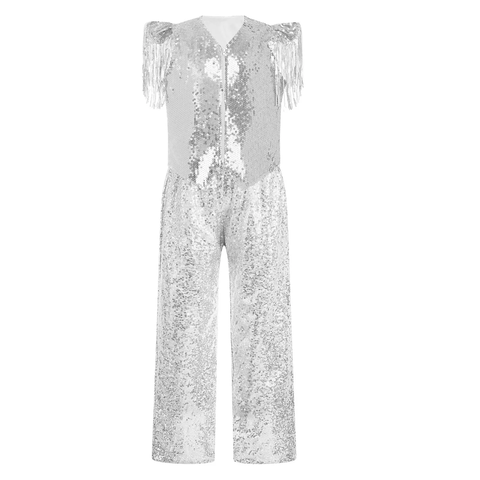 Kids Girls 70s Disco Outfits Fashion Hippie Costume Sparkling Sequin Jazz Dance Outfit Sequined Tassels Metallic Vest with Pants