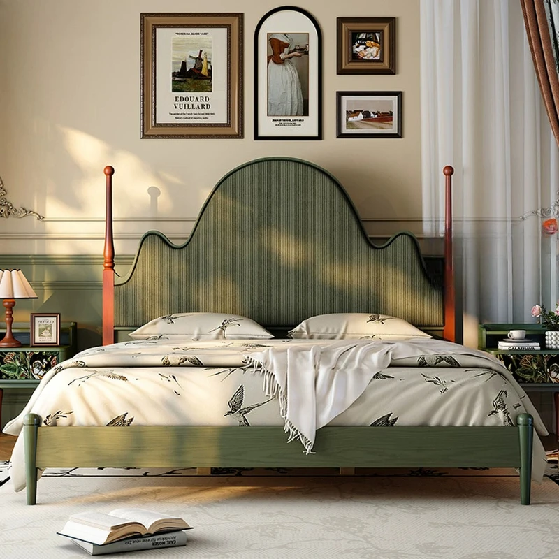 

French retro style solid wood bed 2025 new master bedroom double 1.8m bed
