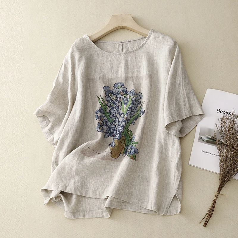 

Women's plus Size Cotton Linen Short Sleeve round Neck Base Shirt Print T-shirt Slimming Top Summer New Style Commute Style