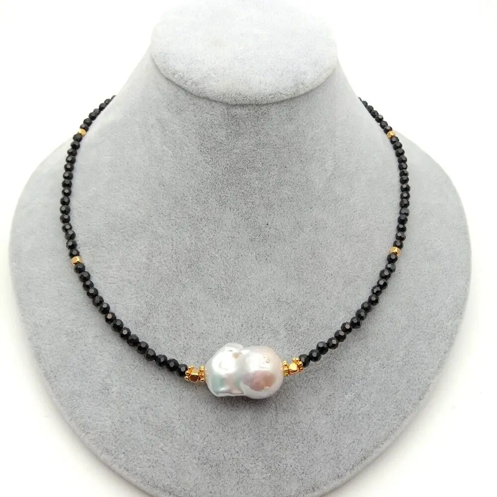 

18" Natural 4mm Faceted Black Spinel White Keshi Pearl Necklace
